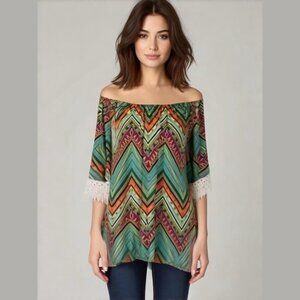 WINWIN Lace Trim Off Shoulder 1/2 Sleeve Top